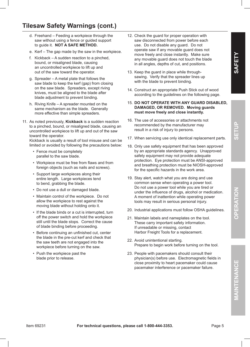 Tilesaw safety warnings (cont.), Safety opera tion maintenance setup | Chicago Electric Power Tools / Tile Saw 69231 User Manual | Page 5 / 16