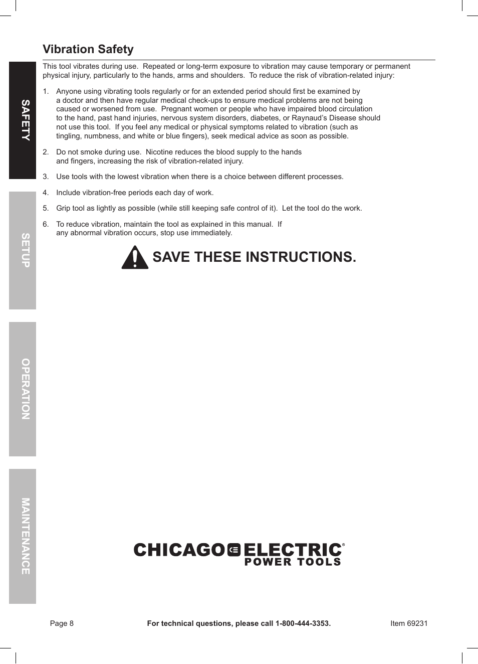 Save these instructions, Vibration safety, Safety opera tion maintenance setup | Chicago Electric Power Tools / Tile Saw 69231 User Manual | Page 8 / 16