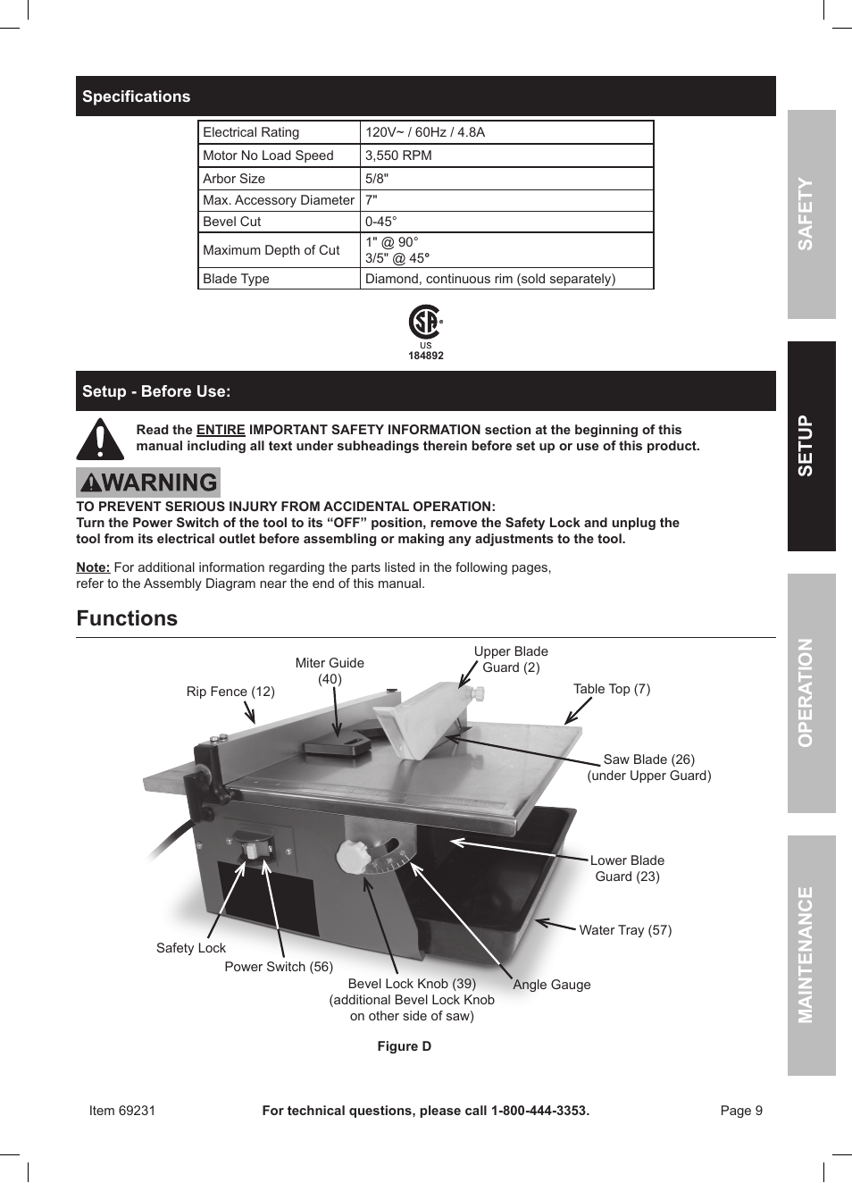 Functions, Safety opera tion maintenance setup | Chicago Electric Power Tools / Tile Saw 69231 User Manual | Page 9 / 16