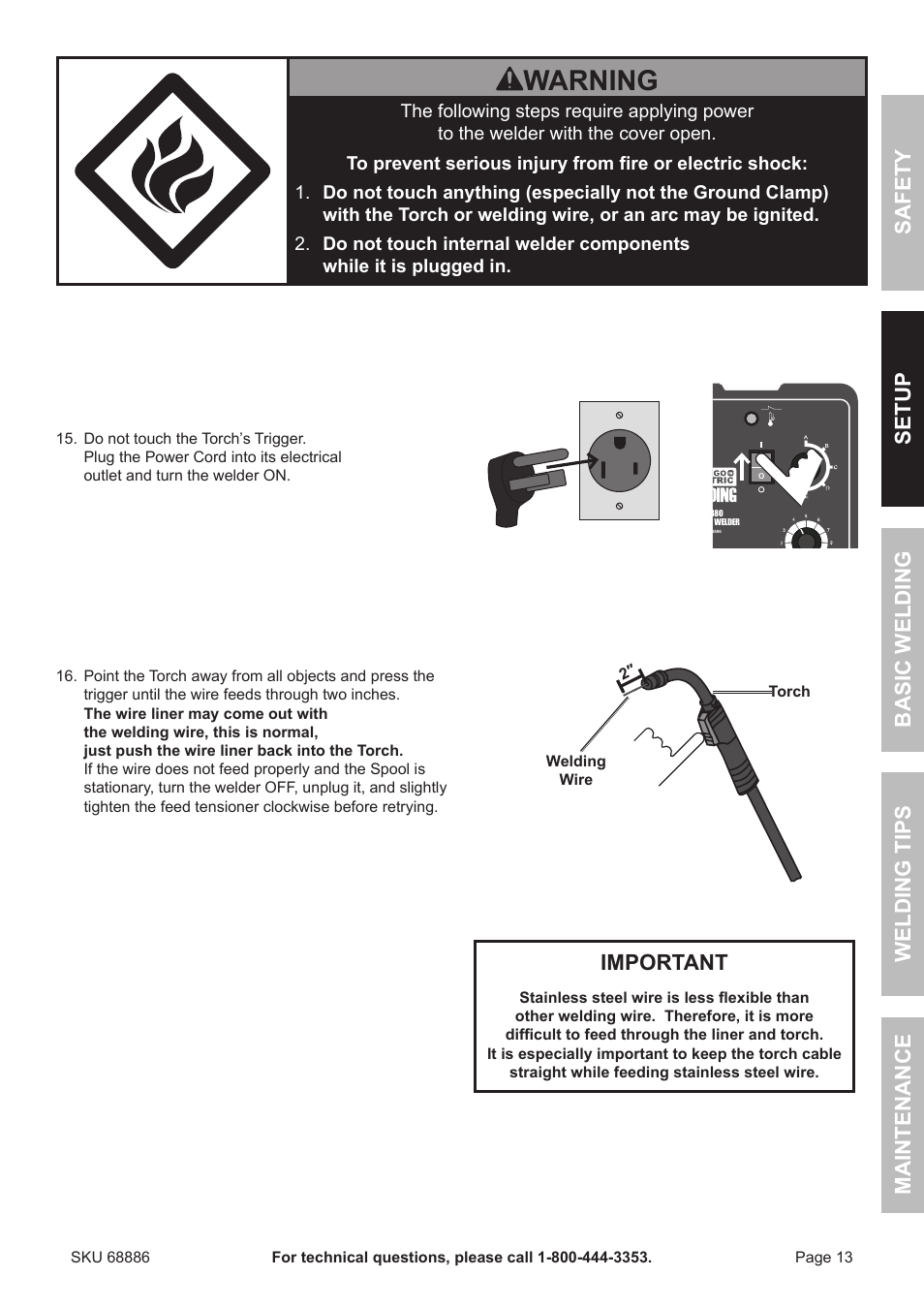 Warning, Important | Chicago Electric MIG 180 Wire Feed Welder 68886 User Manual | Page 13 / 32