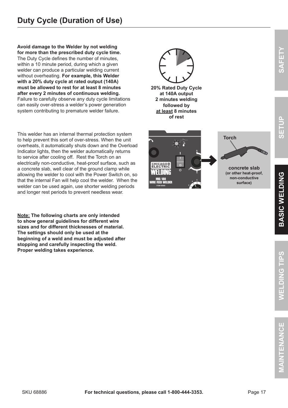 Duty cycle (duration of use) | Chicago Electric MIG 180 Wire Feed Welder 68886 User Manual | Page 17 / 32