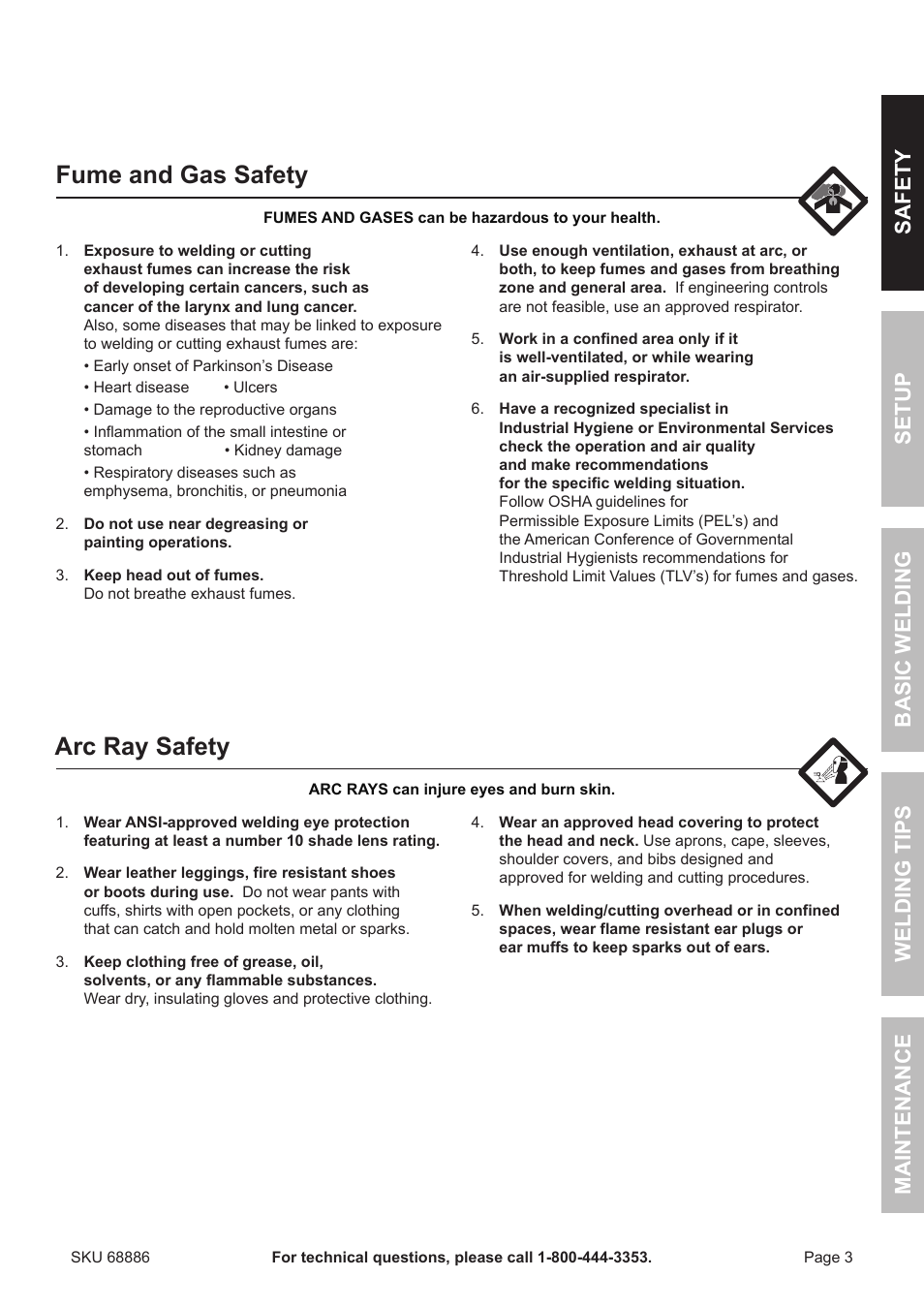 Fume and gas safety, Arc ray safety | Chicago Electric MIG 180 Wire Feed Welder 68886 User Manual | Page 3 / 32