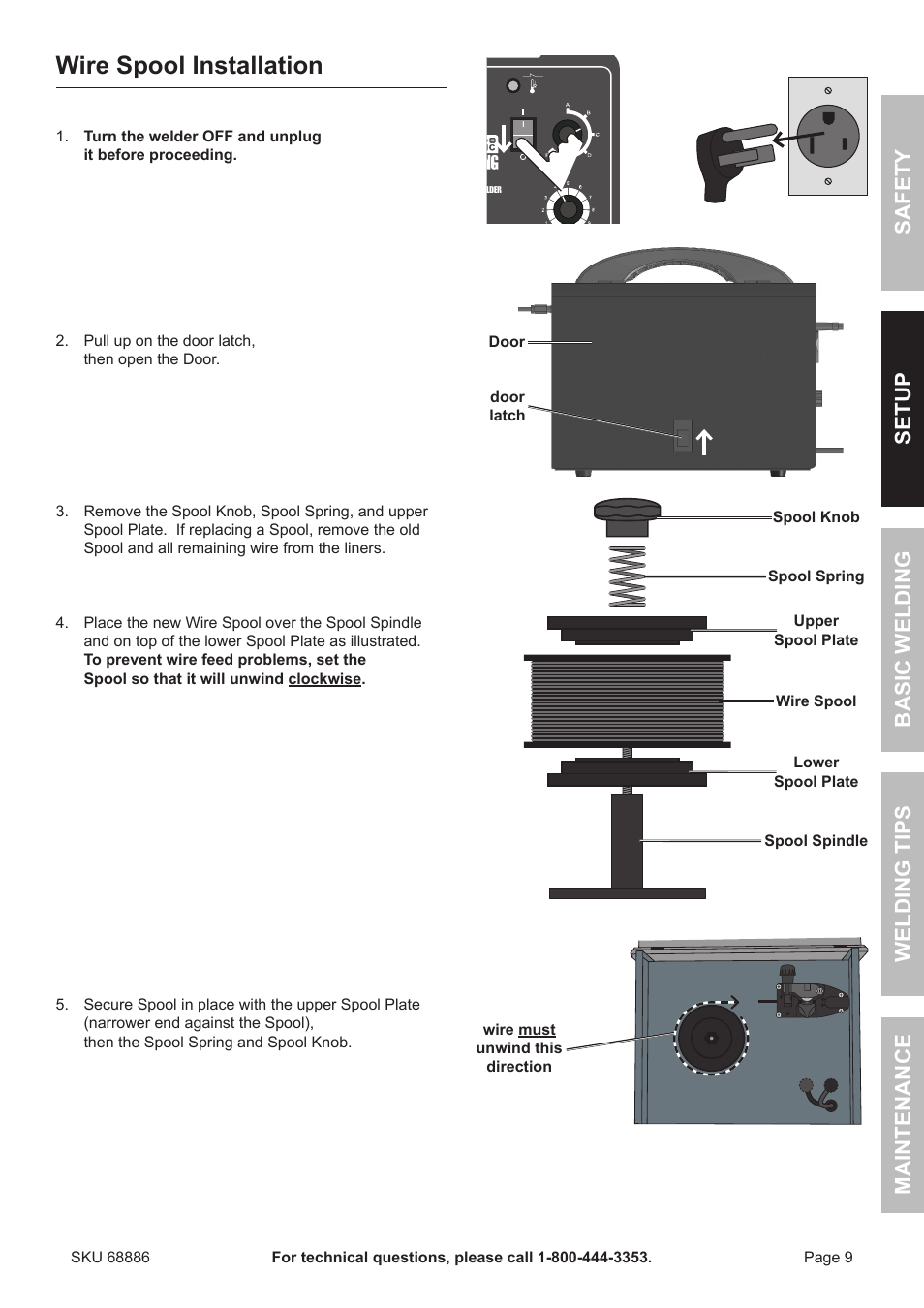 Wire spool installation | Chicago Electric MIG 180 Wire Feed Welder 68886 User Manual | Page 9 / 32