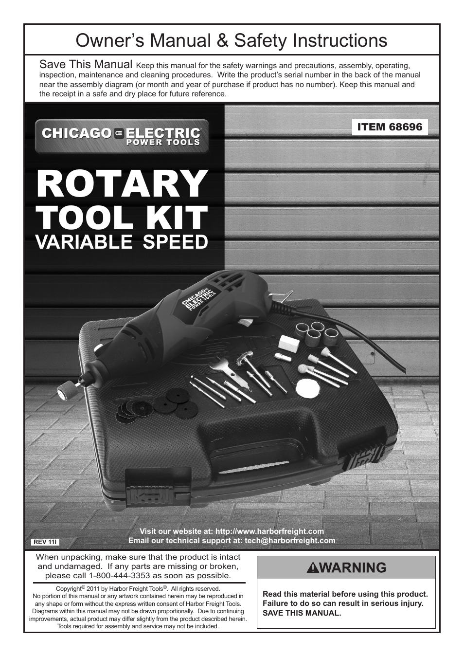 Chicago Electric Rotary Tool Kit 68696 User Manual | 12 pages