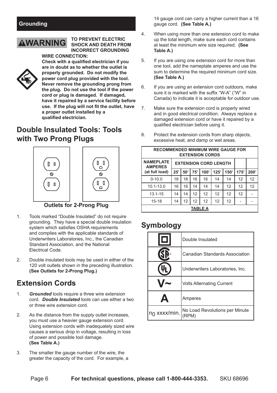 Double insulated tools: tools with two prong plugs, Extension cords, Symbology | Chicago Electric Rotary Tool Kit 68696 User Manual | Page 6 / 12