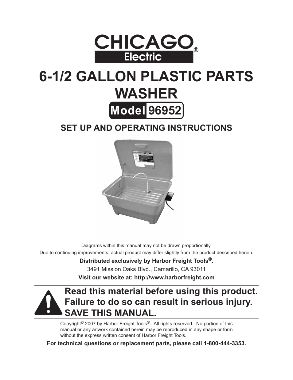 Chicago Electric 6-1/2 Gallon Plastic Parts Washer 96952 User Manual | 12 pages