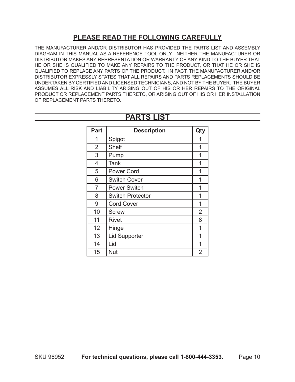 Parts list | Chicago Electric 6-1/2 Gallon Plastic Parts Washer 96952 User Manual | Page 10 / 12