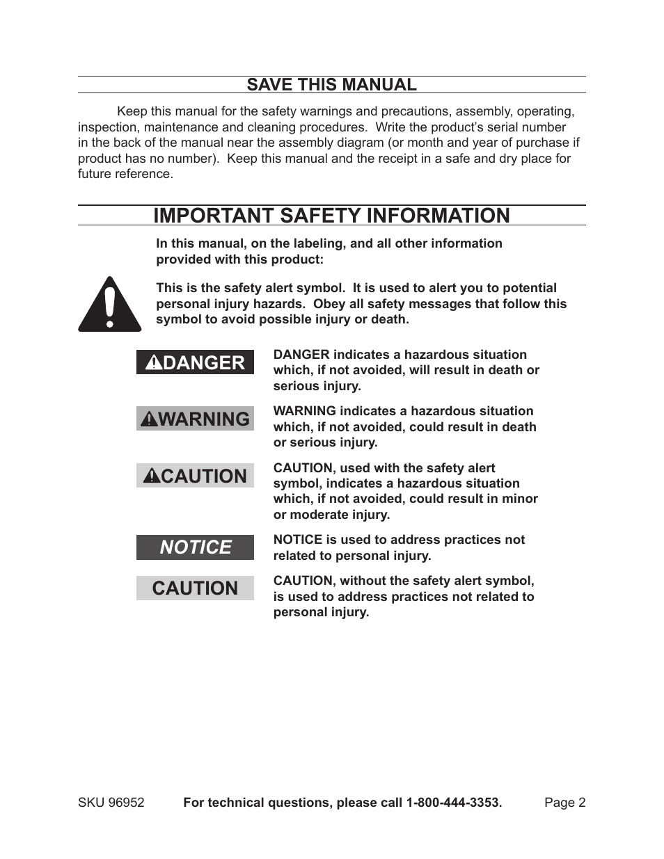 Important safety information, Danger warning caution notice caution, Save this manual | Chicago Electric 6-1/2 Gallon Plastic Parts Washer 96952 User Manual | Page 2 / 12