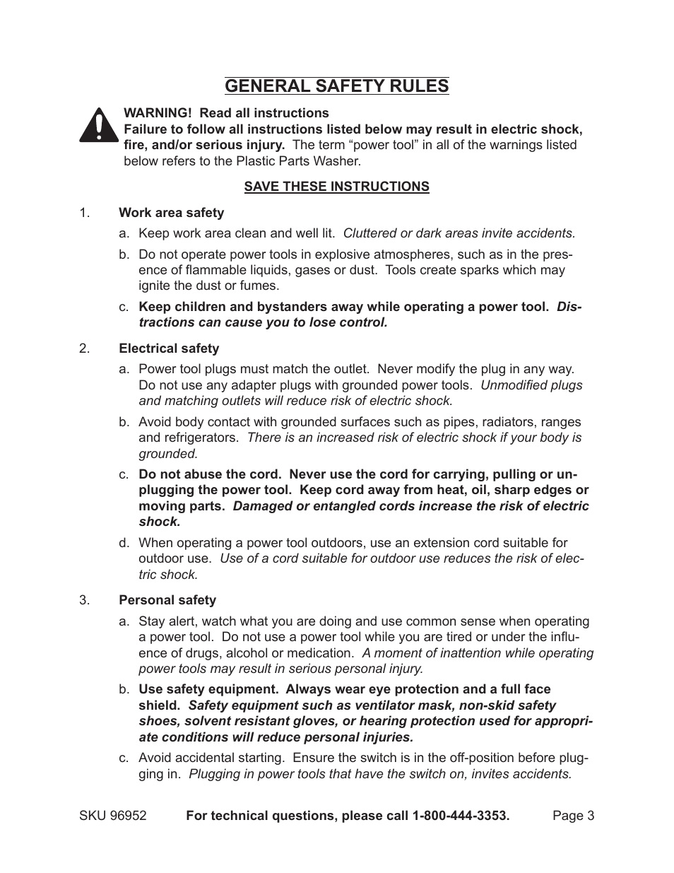 General safety rules | Chicago Electric 6-1/2 Gallon Plastic Parts Washer 96952 User Manual | Page 3 / 12