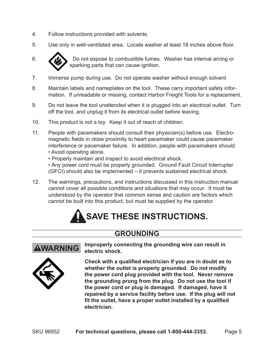 Save these instructions, Warning, Grounding | Chicago Electric 6-1/2 Gallon Plastic Parts Washer 96952 User Manual | Page 5 / 12