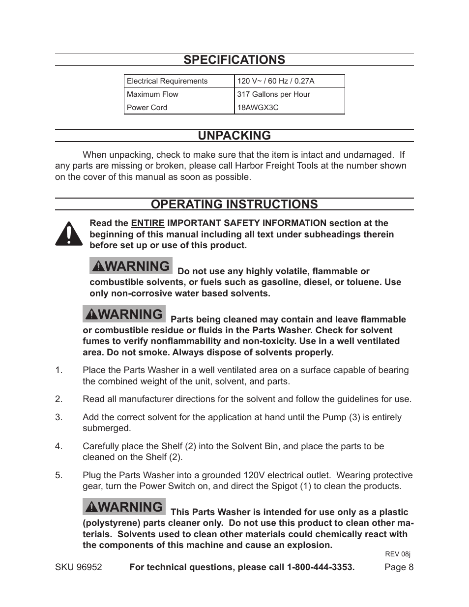 Warning, Specifications, Unpacking | Operating instructions | Chicago Electric 6-1/2 Gallon Plastic Parts Washer 96952 User Manual | Page 8 / 12