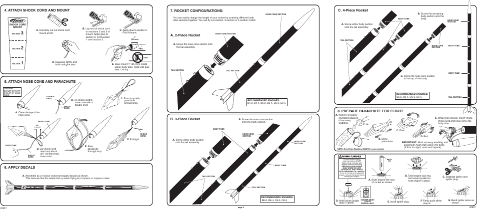 Rocket configurations: a. 2-piece rocket, B. 3-piece rocket, C. 4-piece rocket | Apply decals | Estes 2029 - Converter User Manual | Page 2 / 2
