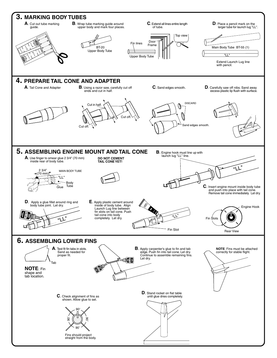 Marking body tubes, Prepare tail cone and adapter, Assembling engine mount and tail cone | Assembling lower fins, Fin tu be m ar kin g g uid e mat ch lin es | Estes 2053 - Paveway User Manual | Page 3 / 6