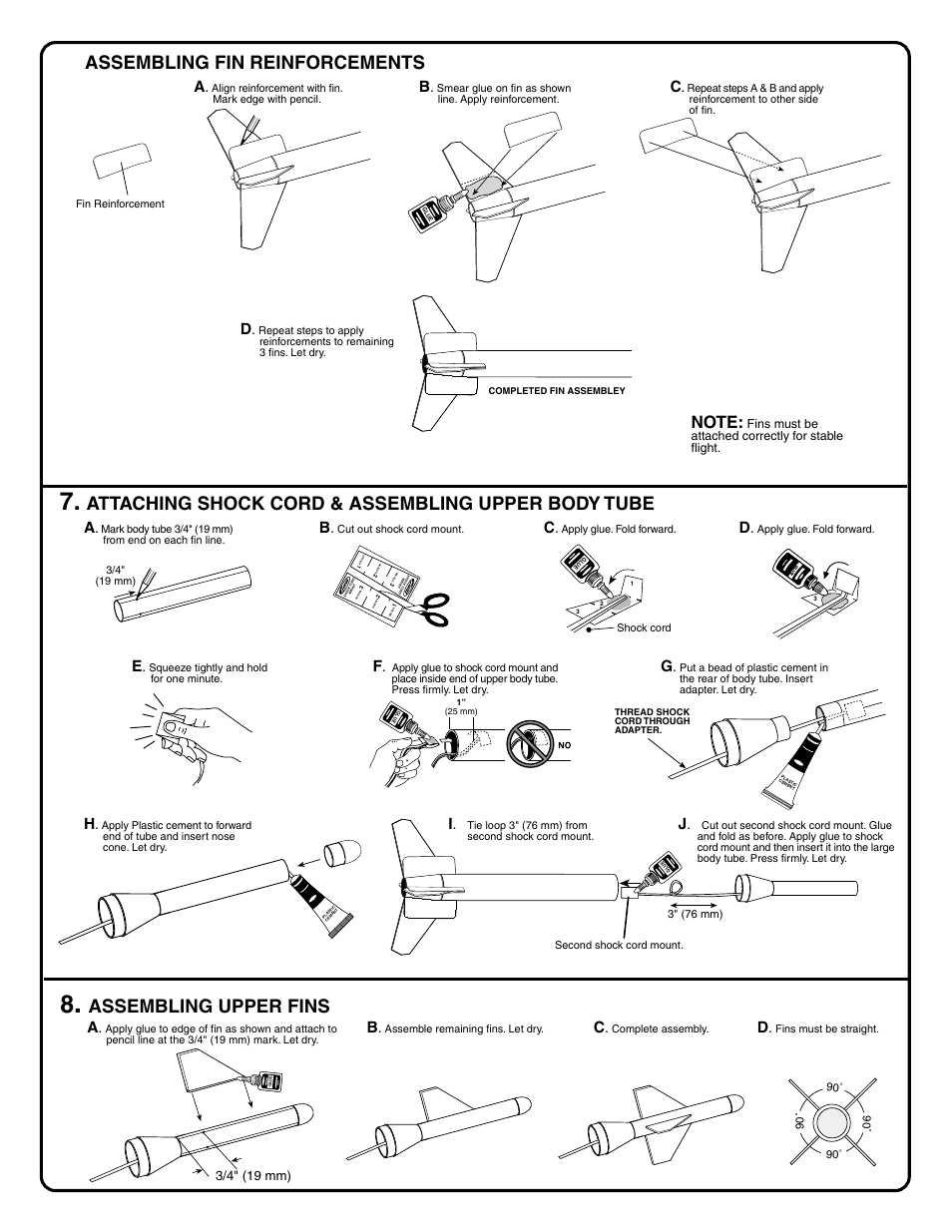 Assembling fin reinforcements, Attaching shock cord & assembling upper body tube, Assembling upper fins | Estes 2053 - Paveway User Manual | Page 4 / 6