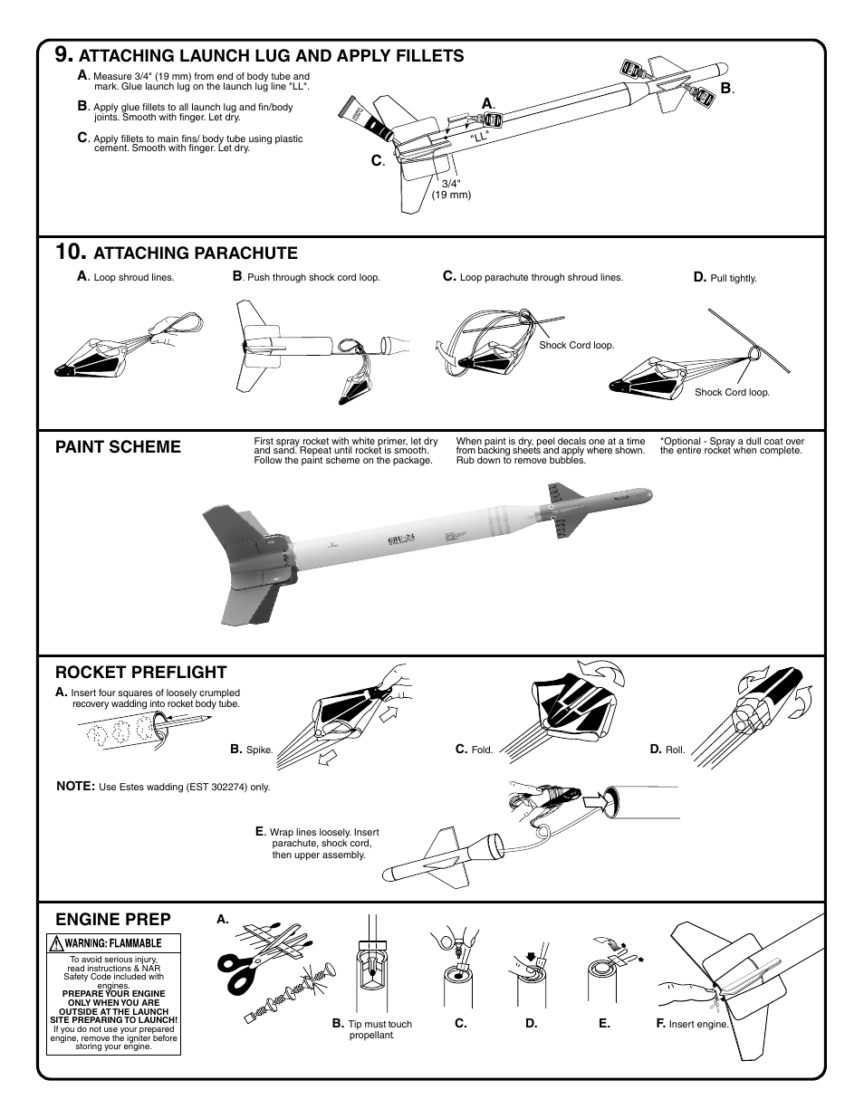 Rocket preflight, Paint scheme, Engine prep | Attaching launch lug and apply fillets, Attaching parachute | Estes 2053 - Paveway User Manual | Page 5 / 6
