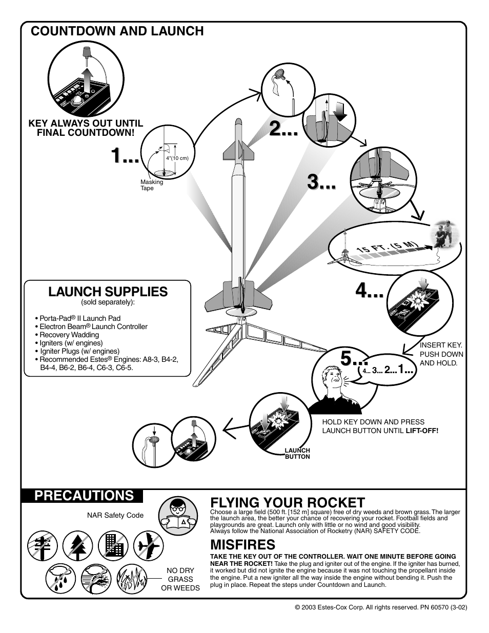 Flying your rocket, Misfires, Precautions | Launch supplies, Countdown and launch | Estes 2053 - Paveway User Manual | Page 6 / 6