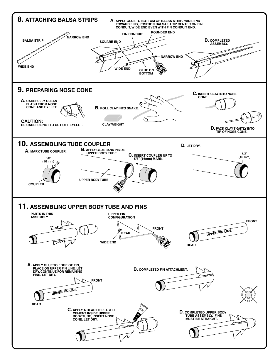 Attaching balsa strips, Preparing nose cone, Assembling tube coupler | Assembling upper body tube and fins | Estes 2054 - Python 4 User Manual | Page 4 / 6