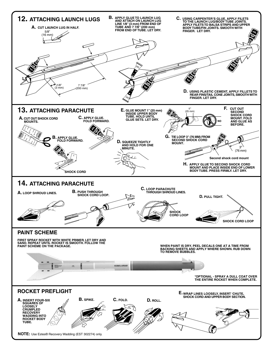 Rocket preflight, Paint scheme, Attaching parachute | Attaching launch lugs | Estes 2054 - Python 4 User Manual | Page 5 / 6