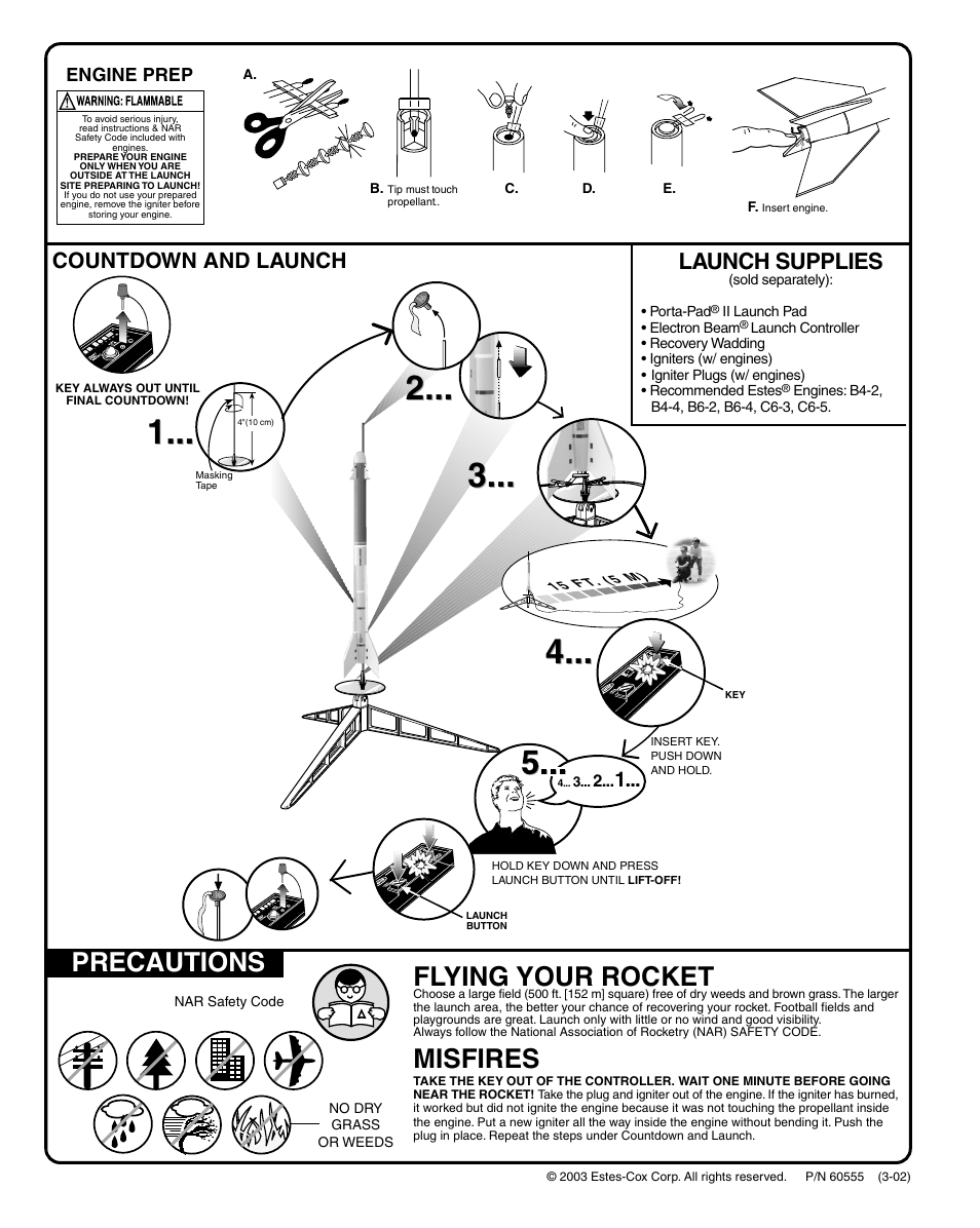 Flying your rocket, Misfires, Precautions | Launch supplies, Countdown and launch | Estes 2054 - Python 4 User Manual | Page 6 / 6