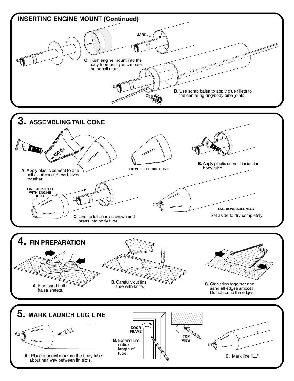 Mark launch lug line, Inserting engine mount (continued), Assembling tail cone | Fin preparation | Estes 2055 - Blu-97B User Manual | Page 3 / 6