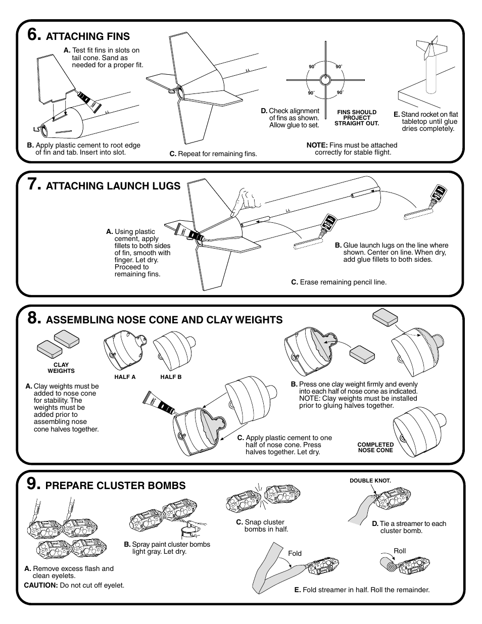 Attaching fins, Attaching launch lugs, Assembling nose cone and clay weights | Prepare cluster bombs | Estes 2055 - Blu-97B User Manual | Page 4 / 6