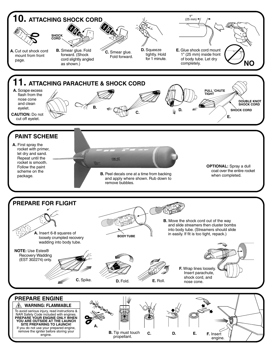 Attaching shock cord, Attaching parachute & shock cord, Prepare for flight | Paint scheme, Prepare engine | Estes 2055 - Blu-97B User Manual | Page 5 / 6