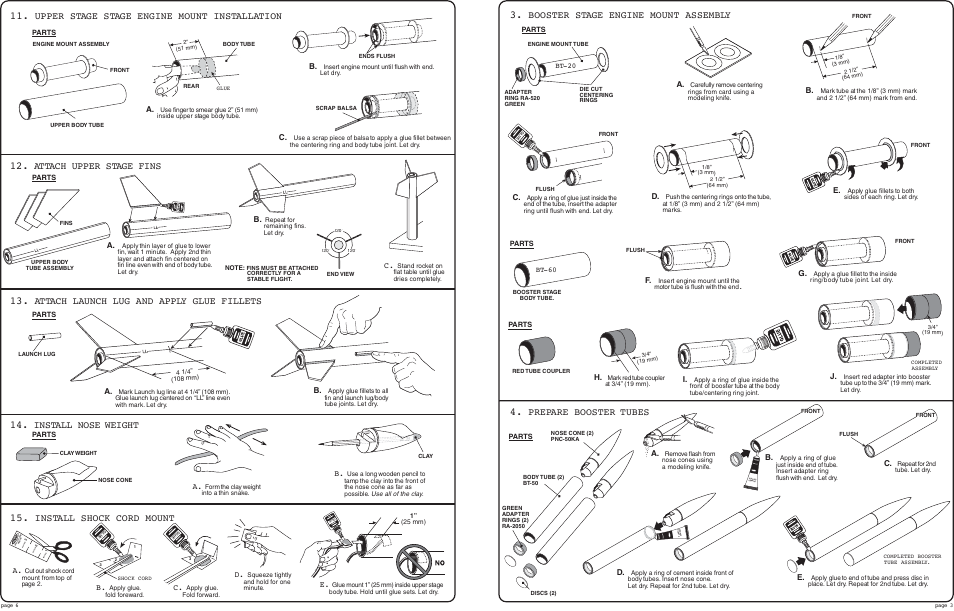 Upper stage stage engine mount installation, Attach upper stage fins, Attach launch lug and apply glue fillets | Install nose weight, Install shock cord mount, Booster stage engine mount assembly, Prepare booster tubes, Parts, Parts bt-20 bt-60 | Estes 2109 - Renegade User Manual | Page 2 / 2