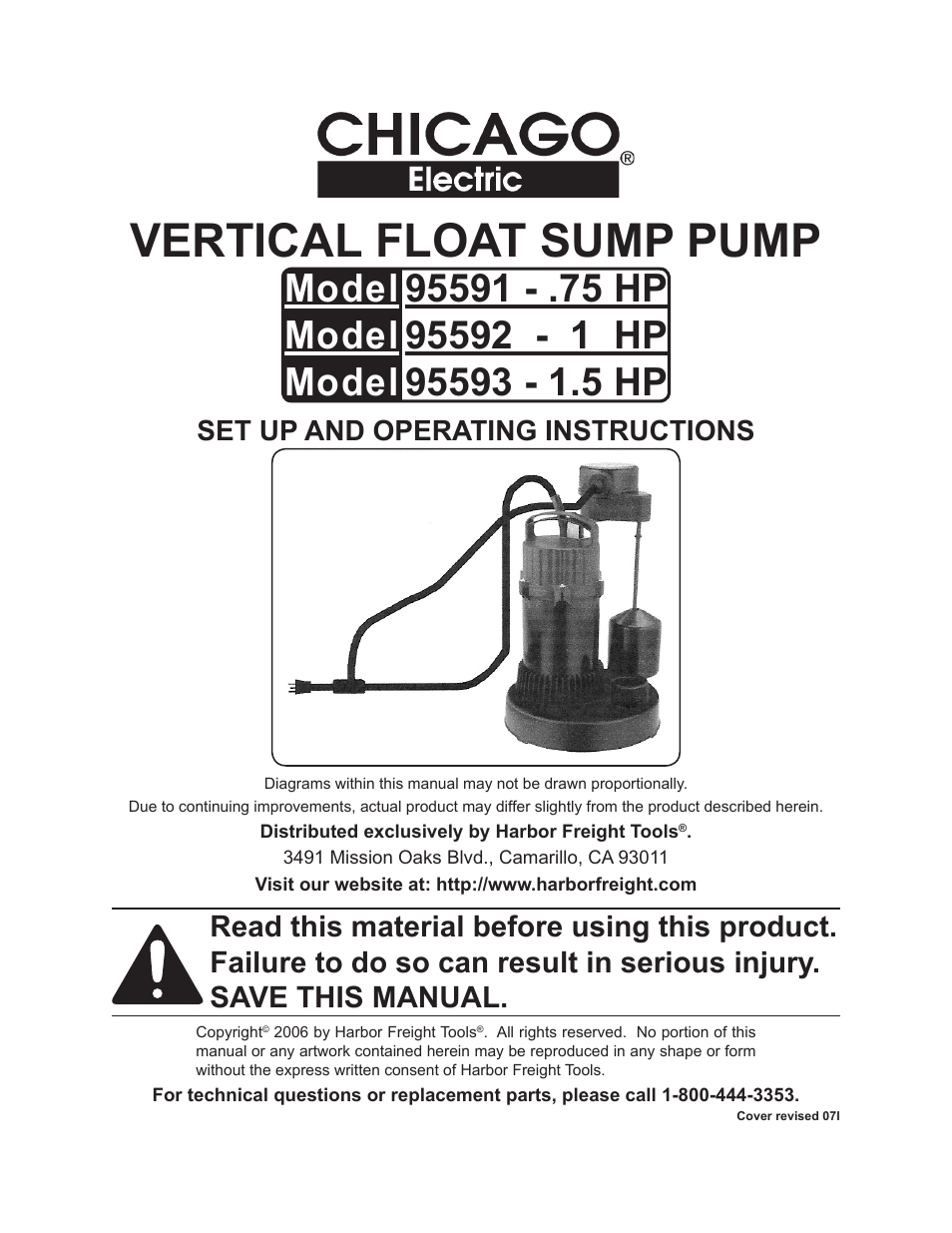 Chicago Electric Vertical Float Sump Pump 95591-.75 HP User Manual | 14 pages