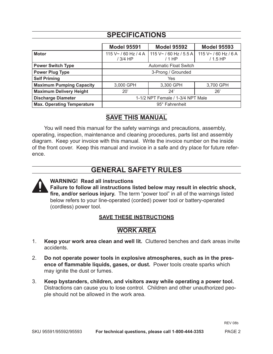 Specifications, General safety rules, Save this manual | Work area | Chicago Electric Vertical Float Sump Pump 95591-.75 HP User Manual | Page 2 / 14