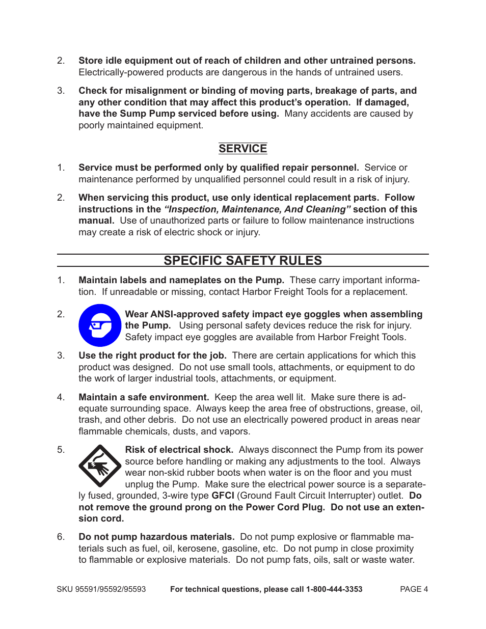 Specific safety rules | Chicago Electric Vertical Float Sump Pump 95591-.75 HP User Manual | Page 4 / 14