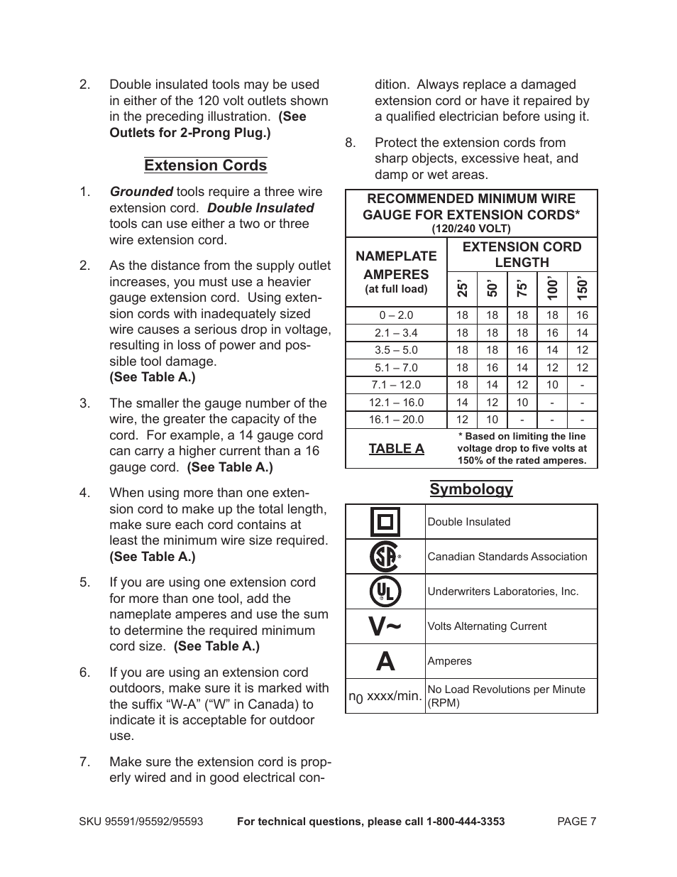 Extension cords, Symbology | Chicago Electric Vertical Float Sump Pump 95591-.75 HP User Manual | Page 7 / 14