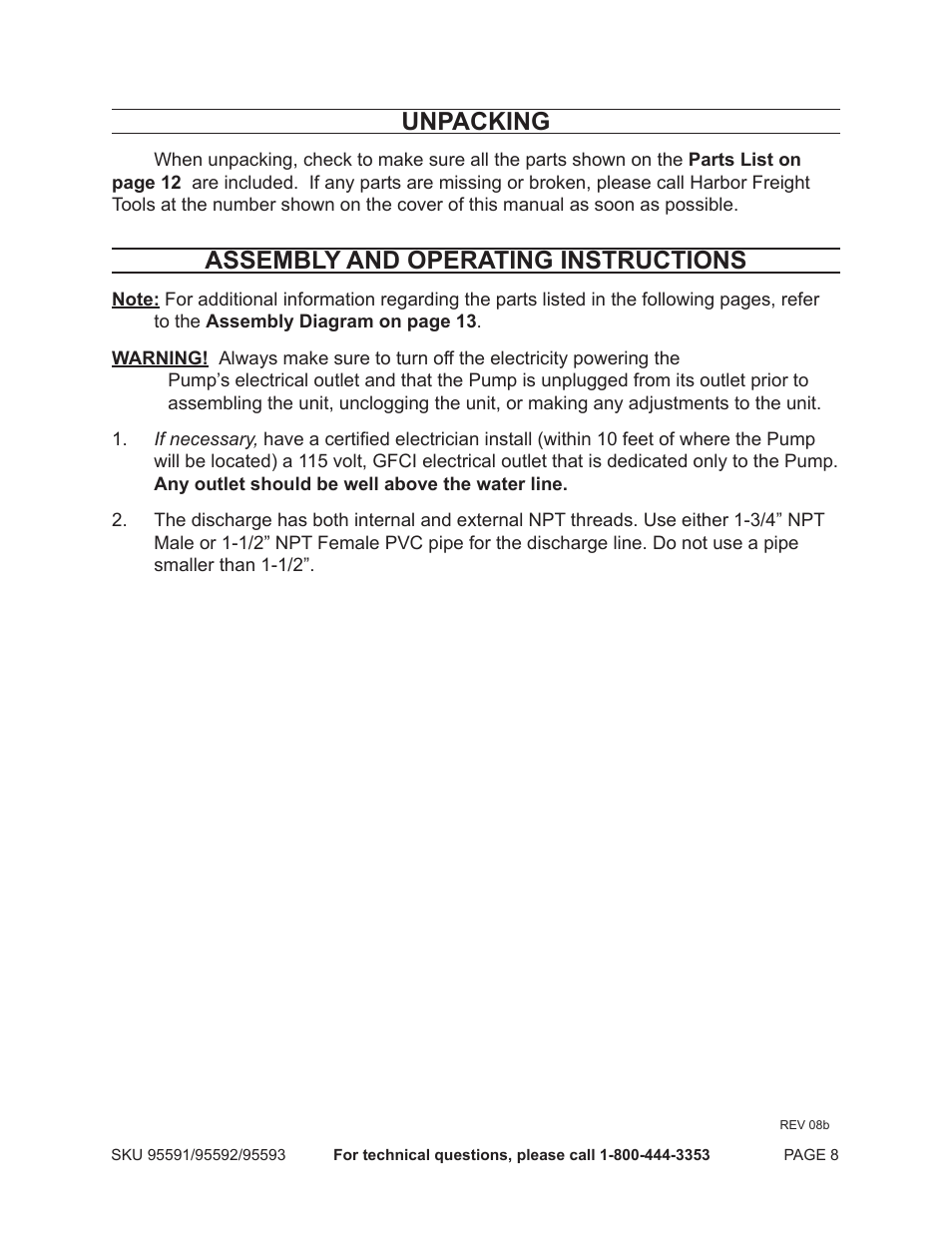 Unpacking, Assembly and operating instructions | Chicago Electric Vertical Float Sump Pump 95591-.75 HP User Manual | Page 8 / 14