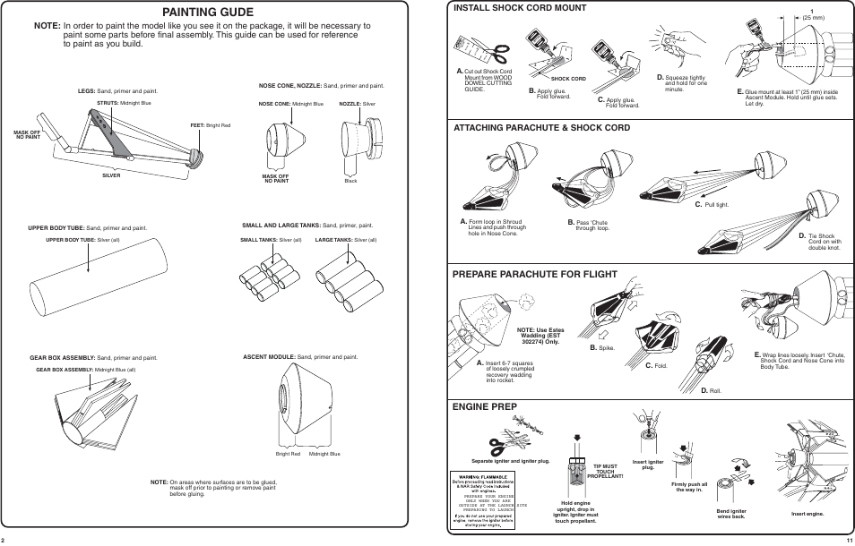 Painting gude, Prepare parachute for flight, Engine prep | Install shock cord mount, Attaching parachute & shock cord | Estes 2110 - Outlander User Manual | Page 2 / 7