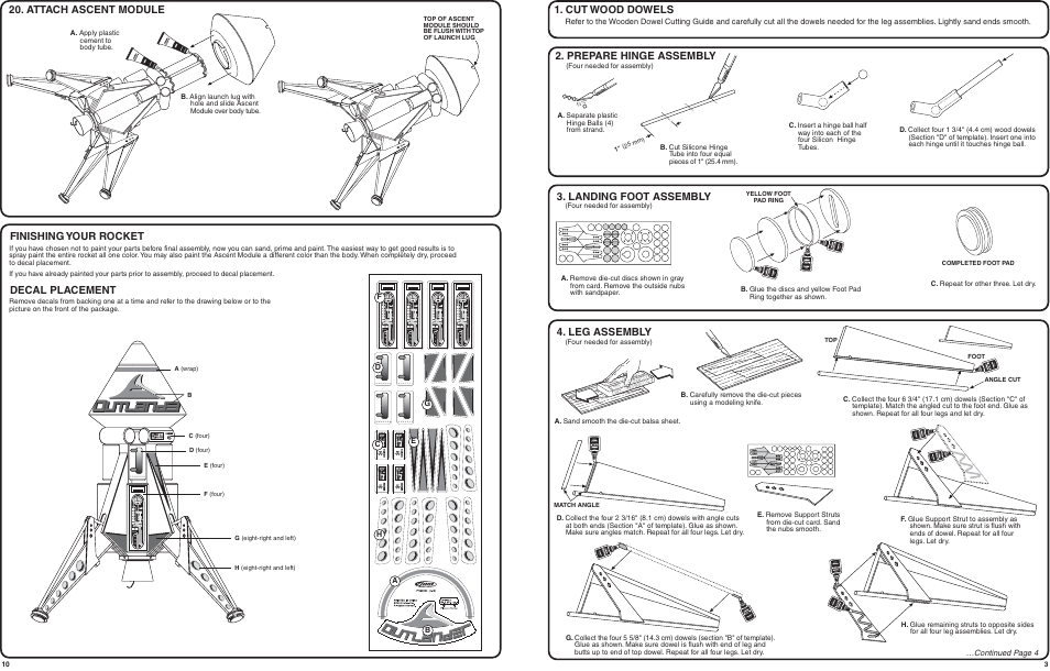 Attach ascent module, Finishing your rocket 1. cut wood dowels, Landing foot assembly 4. leg assembly | Prepare hinge assembly, Decal placement | Estes 2110 - Outlander User Manual | Page 3 / 7