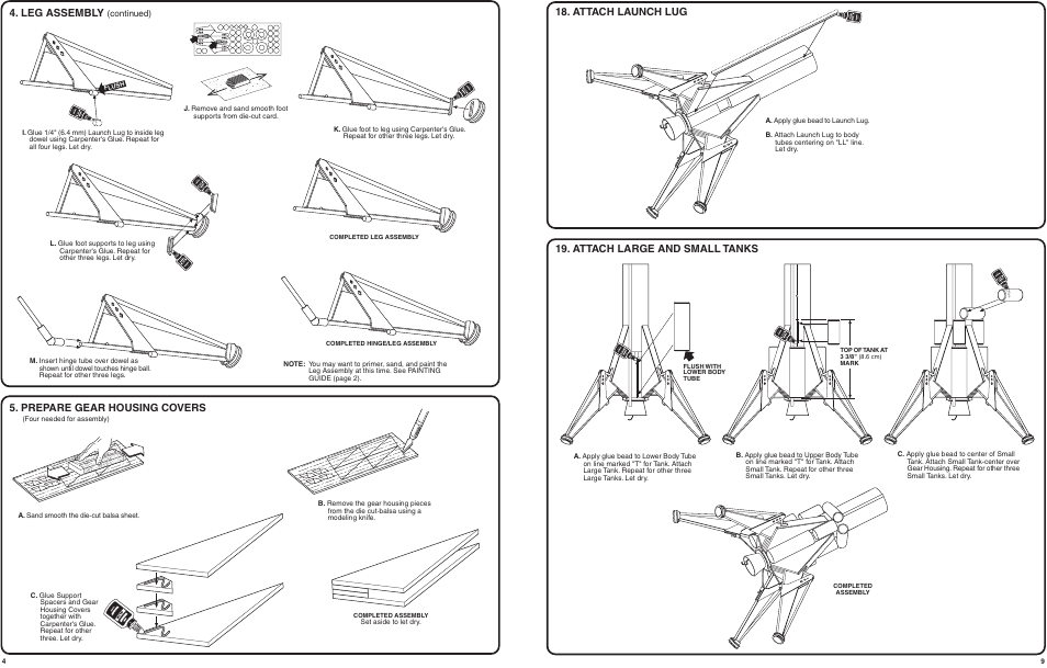 Attach launch lug, Attach large and small tanks, Leg assembly | Prepare gear housing covers, Continued) | Estes 2110 - Outlander User Manual | Page 4 / 7