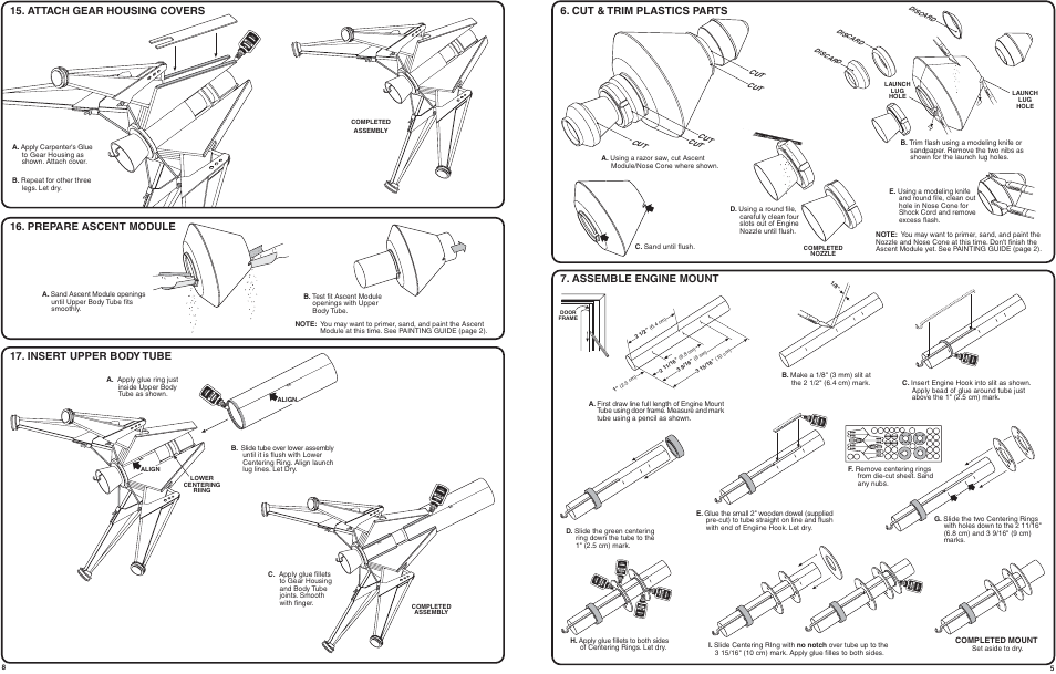Attach gear housing covers, Prepare ascent module, Insert upper body tube | Cut & trim plastics parts, Assemble engine mount | Estes 2110 - Outlander User Manual | Page 5 / 7
