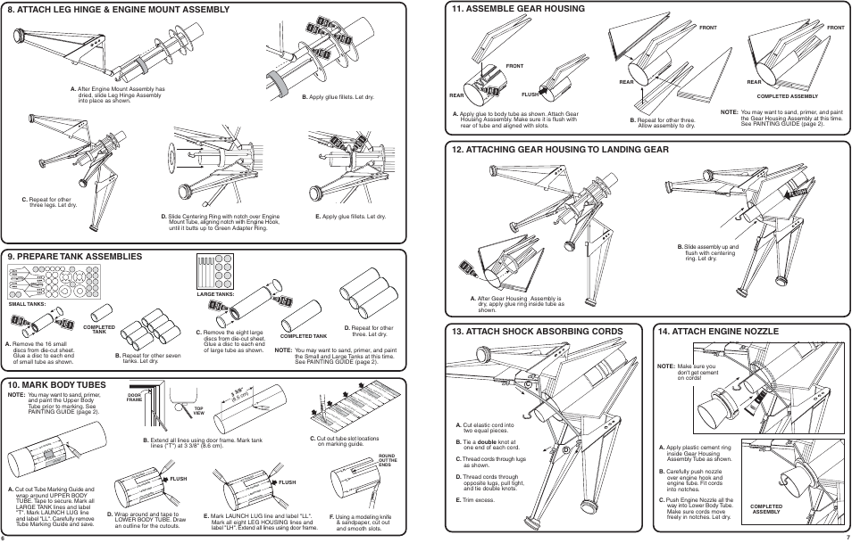 Mark body tubes, Assemble gear housing, Attaching gear housing to landing gear | B. repeat for other three. allow assembly to dry, Completed tank, Completed tank small tanks: large tanks, Flush, Rear front completed assembly rear front, Completed assembly, Front rear | Estes 2110 - Outlander User Manual | Page 6 / 7