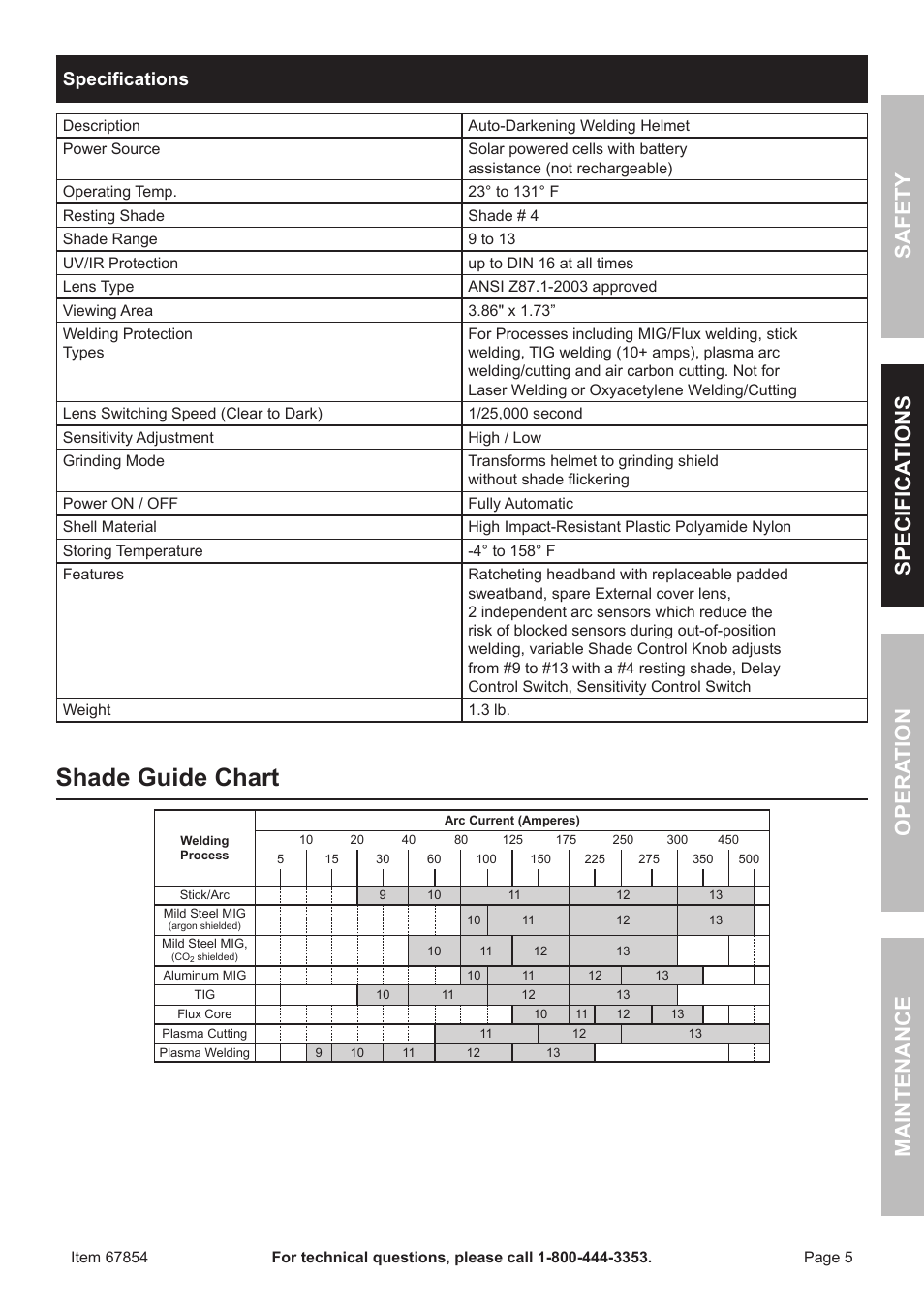 Shade guide chart, Safety opera tion maintenance specifica tions, Specifications | Chicago Electric Auto Darkening Welding Helmet 67854 User Manual | Page 5 / 12