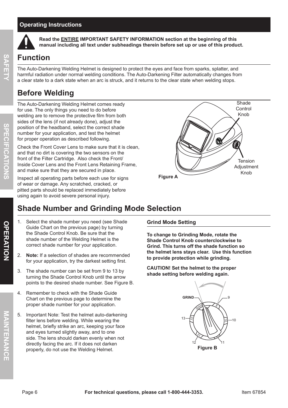 Function, Before welding, Shade number and grinding mode selection | Safety opera tion maintenance specifica tions | Chicago Electric Auto Darkening Welding Helmet 67854 User Manual | Page 6 / 12