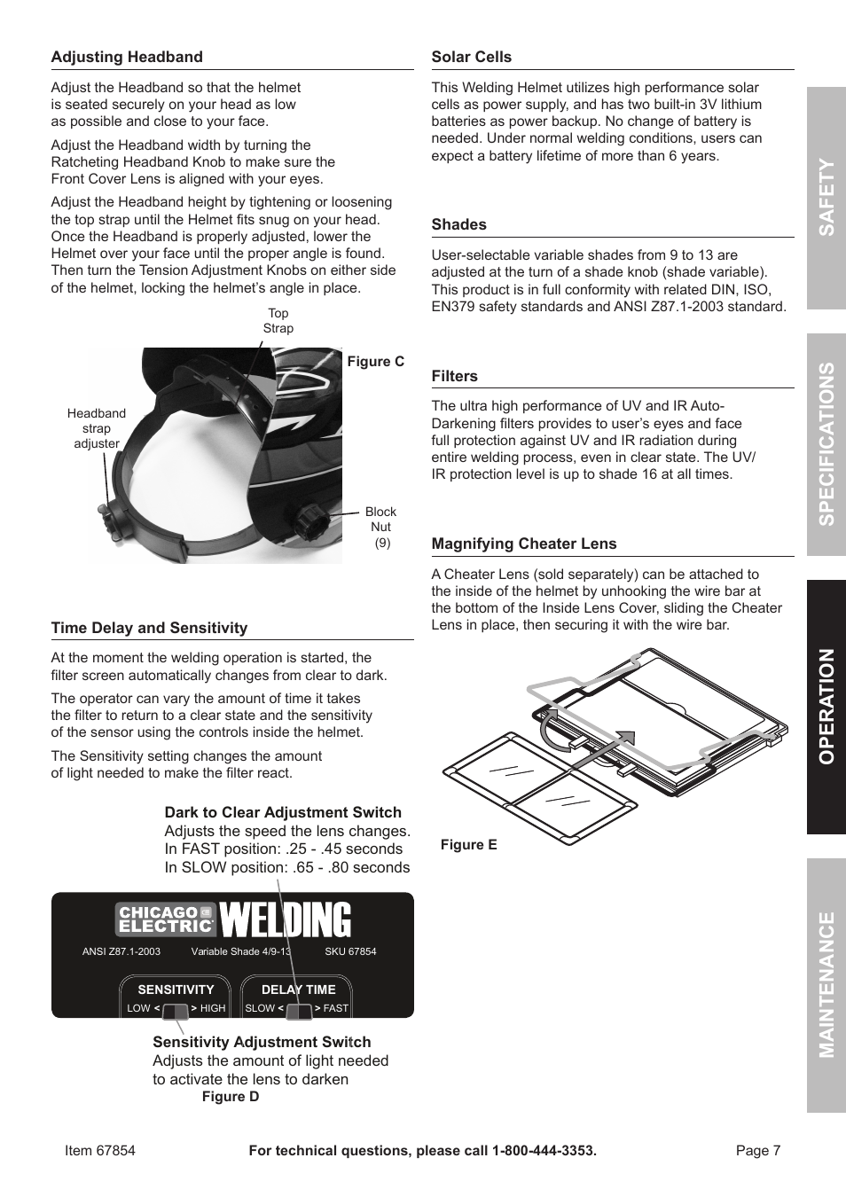 Safety opera tion maintenance specifica tions | Chicago Electric Auto Darkening Welding Helmet 67854 User Manual | Page 7 / 12