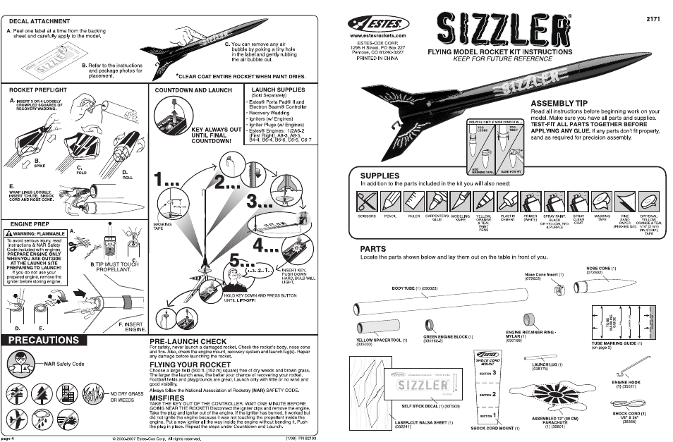 Estes 2171 - Sizzler User Manual | 2 pages