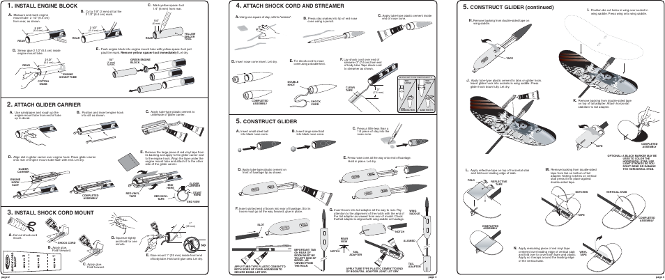 Attach glider carrier, Install engine block, Install shock cord mount | Attach shock cord and streamer, Construct glider, Construct glider (continued) | Estes 2186 – Eagle Boost User Manual | Page 2 / 2