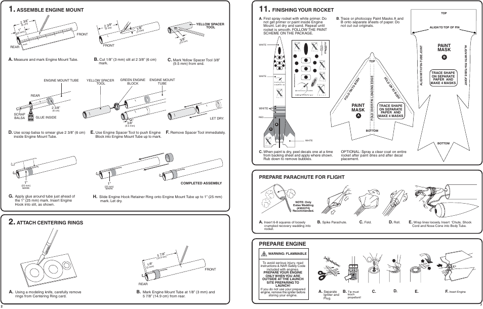 Prepare engine, Assemble engine mount, Attach centering rings | Finishing your rocket, Prepare parachute for flight, Paint mask | Estes 2188 – Canadian Arrow User Manual | Page 2 / 4