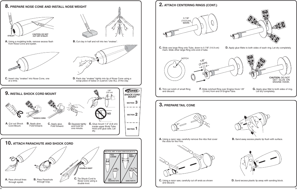 Attach centering rings (cont.), Prepare tail cone, Prepare nose cone and install nose weight | Install shock cord mount, Attach parachute and shock cord, 1/8” (3 mm) | Estes 2188 – Canadian Arrow User Manual | Page 3 / 4