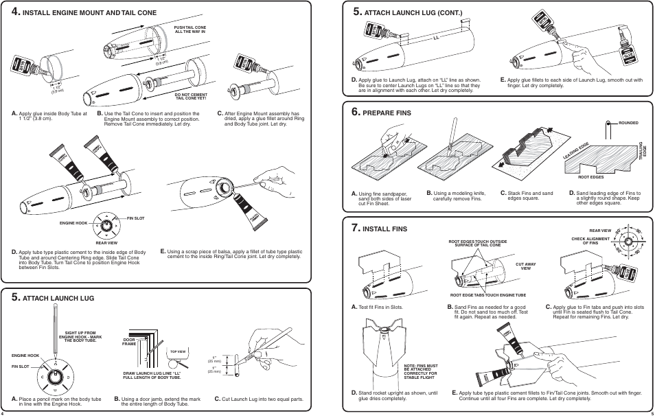 Attach launch lug (cont.), Prepare fins, Install fins | Install engine mount and tail cone, Attach launch lug | Estes 2188 – Canadian Arrow User Manual | Page 4 / 4
