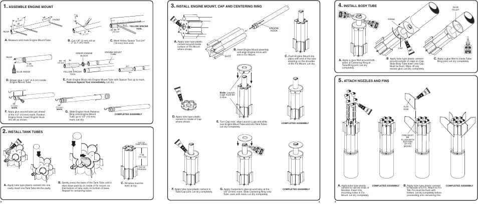 Install body tube, Attach nozzles and fins, Assemble engine mount | Install tank tubes, Install engine mount, cap and centering ring | Estes 2189 – Rubicon User Manual | Page 2 / 2
