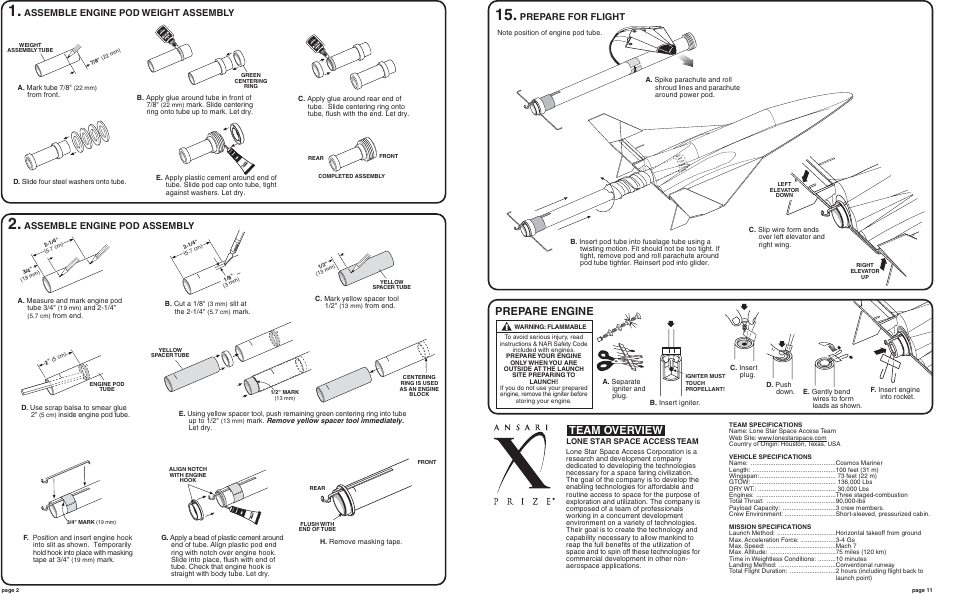 Prepare engine, Team overview, Assemble engine pod weight assembly | Assemble engine pod assembly, Prepare for flight | Estes 2190 – Cosmos Mariner User Manual | Page 2 / 6