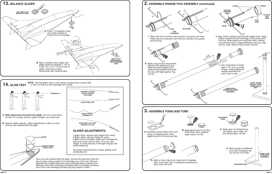 Assemble engine pod assembly (continued), Assemble fuselage tube, Glider adjustments | Balance glider, Glide test | Estes 2190 – Cosmos Mariner User Manual | Page 3 / 6