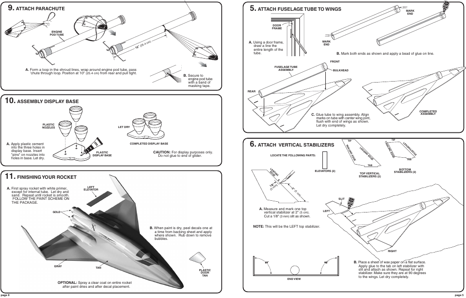 Attach fuselage tube to wings, Attach vertical stabilizers, Attach parachute | Assembly display base, Finishing your rocket | Estes 2190 – Cosmos Mariner User Manual | Page 5 / 6