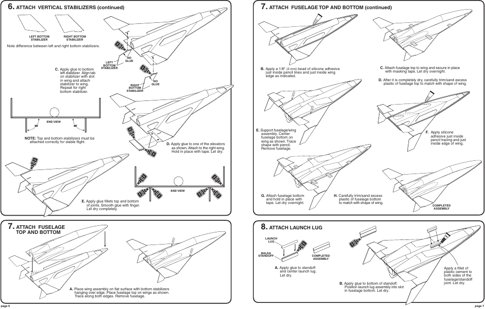 Attach vertical stabilizers (continued), Attach fuselage top and bottom, Attach fuselage top and bottom (continued) | Attach launch lug | Estes 2190 – Cosmos Mariner User Manual | Page 6 / 6